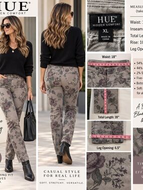 HUE Floral Straight Leg Pants in Gray and Purple #130